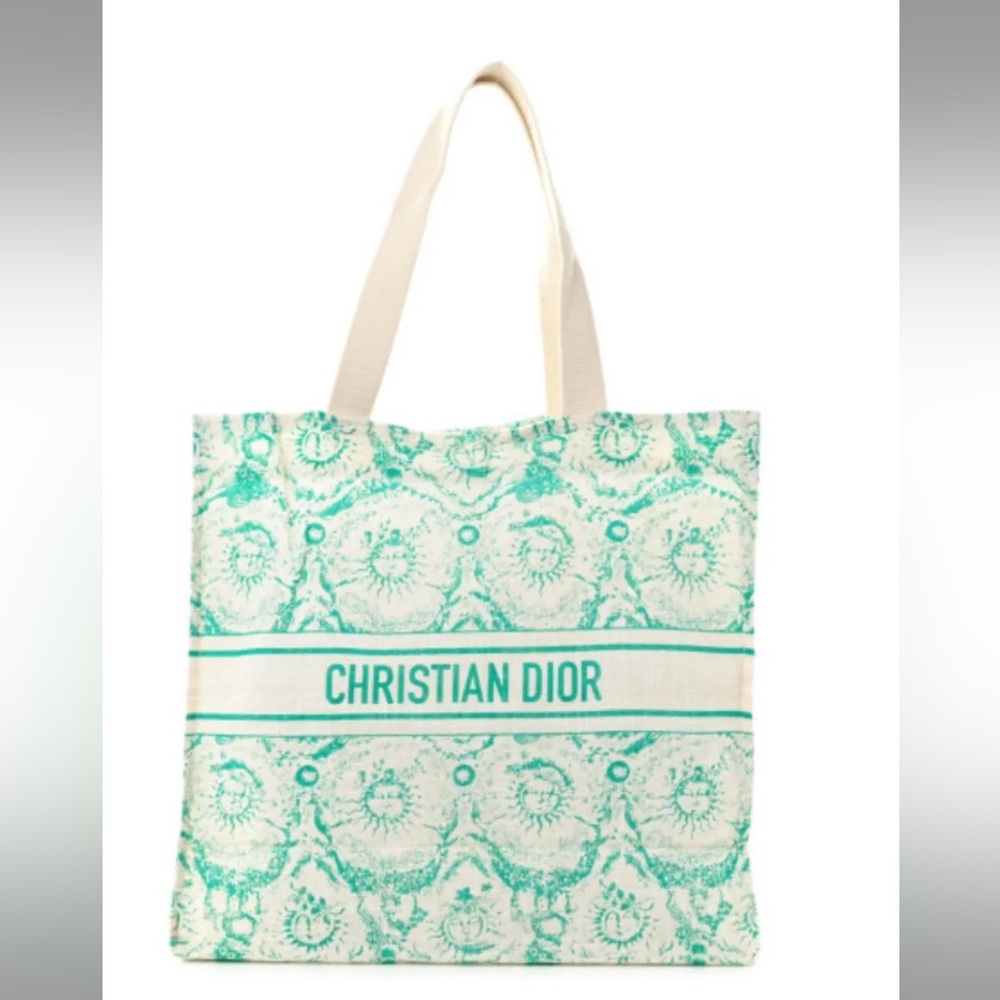 Dior Cream and Turquoise Christian Dior Printed Canvas Tote